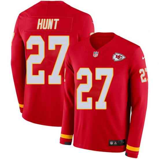 Nike Chiefs #27 Kareem Hunt Red Team Color Men Stitched NFL Limited Therma Long Sleeve Jersey
